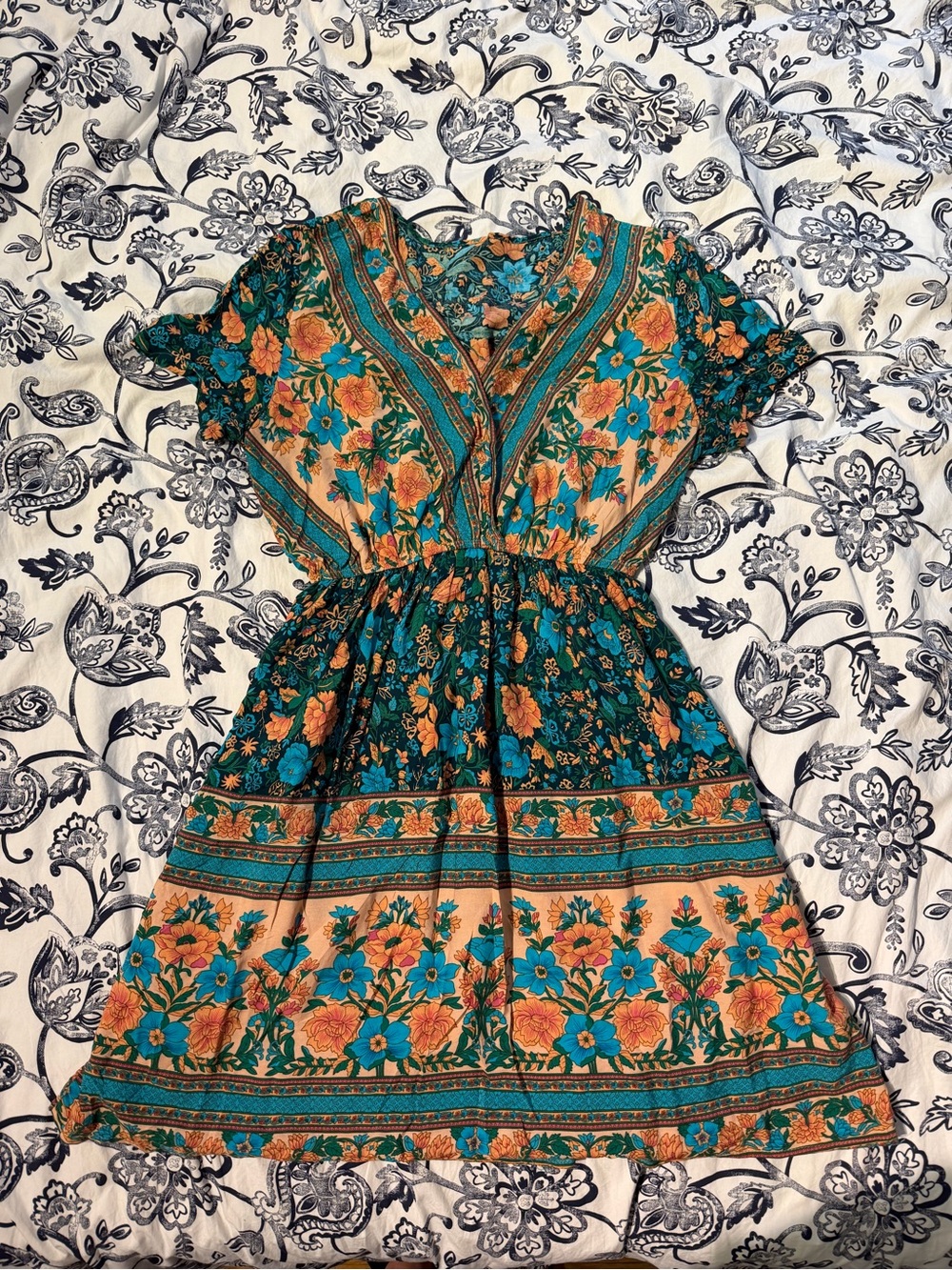 Floral V-Neck Short Sleeve Women’s Dress in Teal & Orange